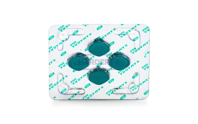 Kamagra Gold 100 mg – zbliżenie blistra z czterema zielonymi tabletkami