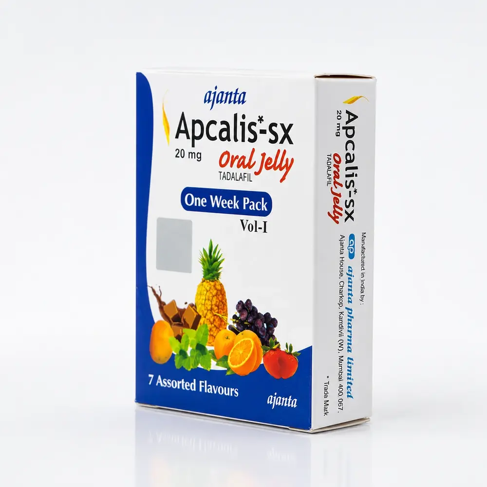 Apcalis-sx oral jelly 20 mg – widok opakowania z boku z 7 saszetkami z żelem