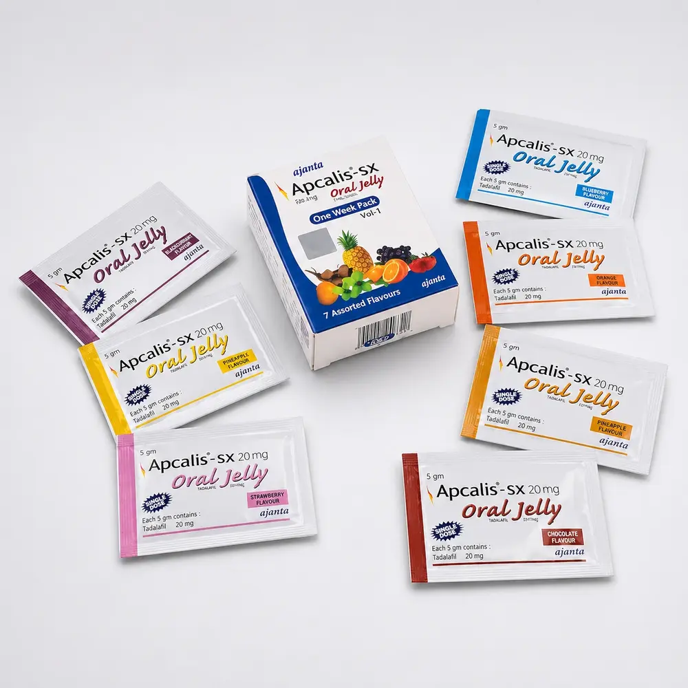 Apcalis-sx oral jelly 20 mg – zestaw pojedynczych saszetek w różnych smakach
