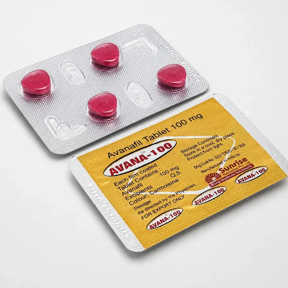 Avana 100 mg – przód i tył blistra z czterema czerwonymi tabletkami