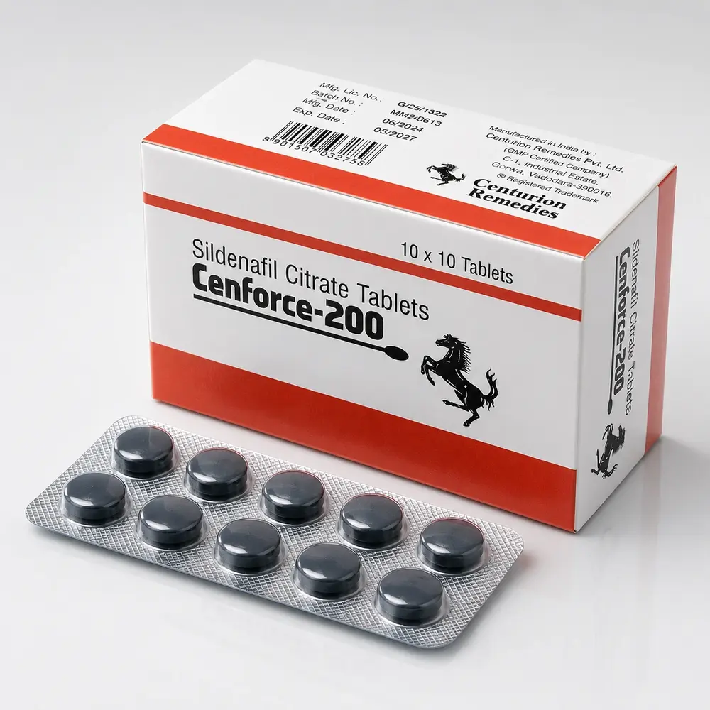 Cenforce 200 mg – opakowanie i blister z dziesięcioma ciemnymi tabletkami