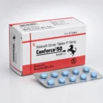 Cenforce 50 mg – opakowanie i blister z dziesięcioma niebieskimi tabletkami
