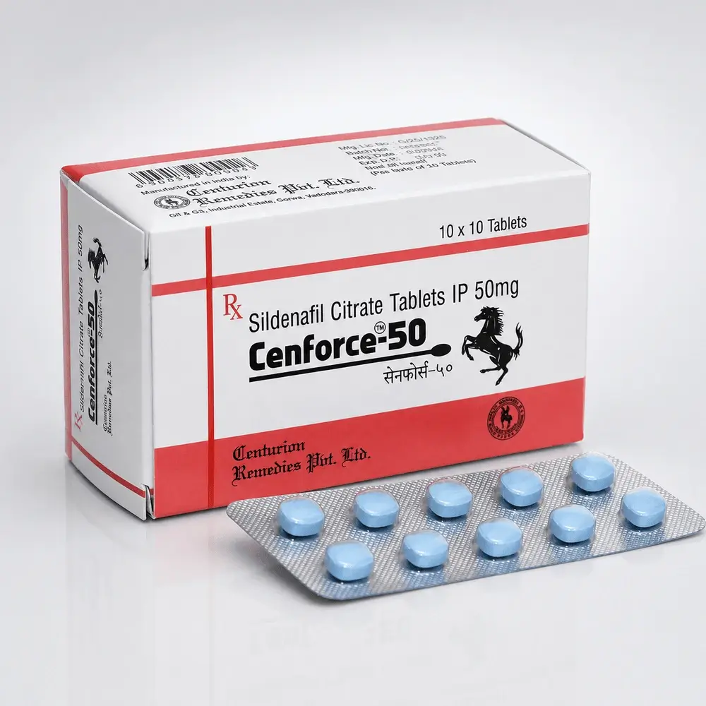Cenforce 50 mg – opakowanie i blister z dziesięcioma niebieskimi tabletkami