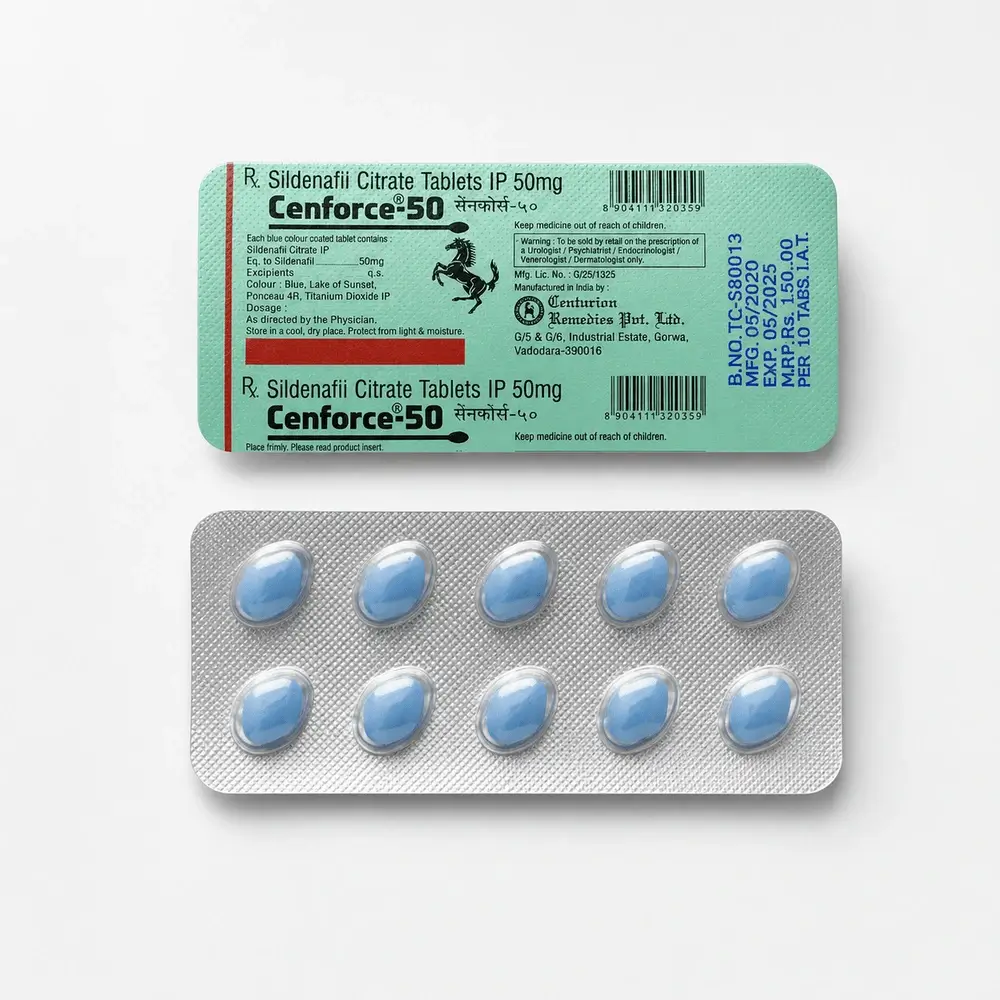 Cenforce 50 mg – przód i tył blistrów z niebieskimi tabletkami
