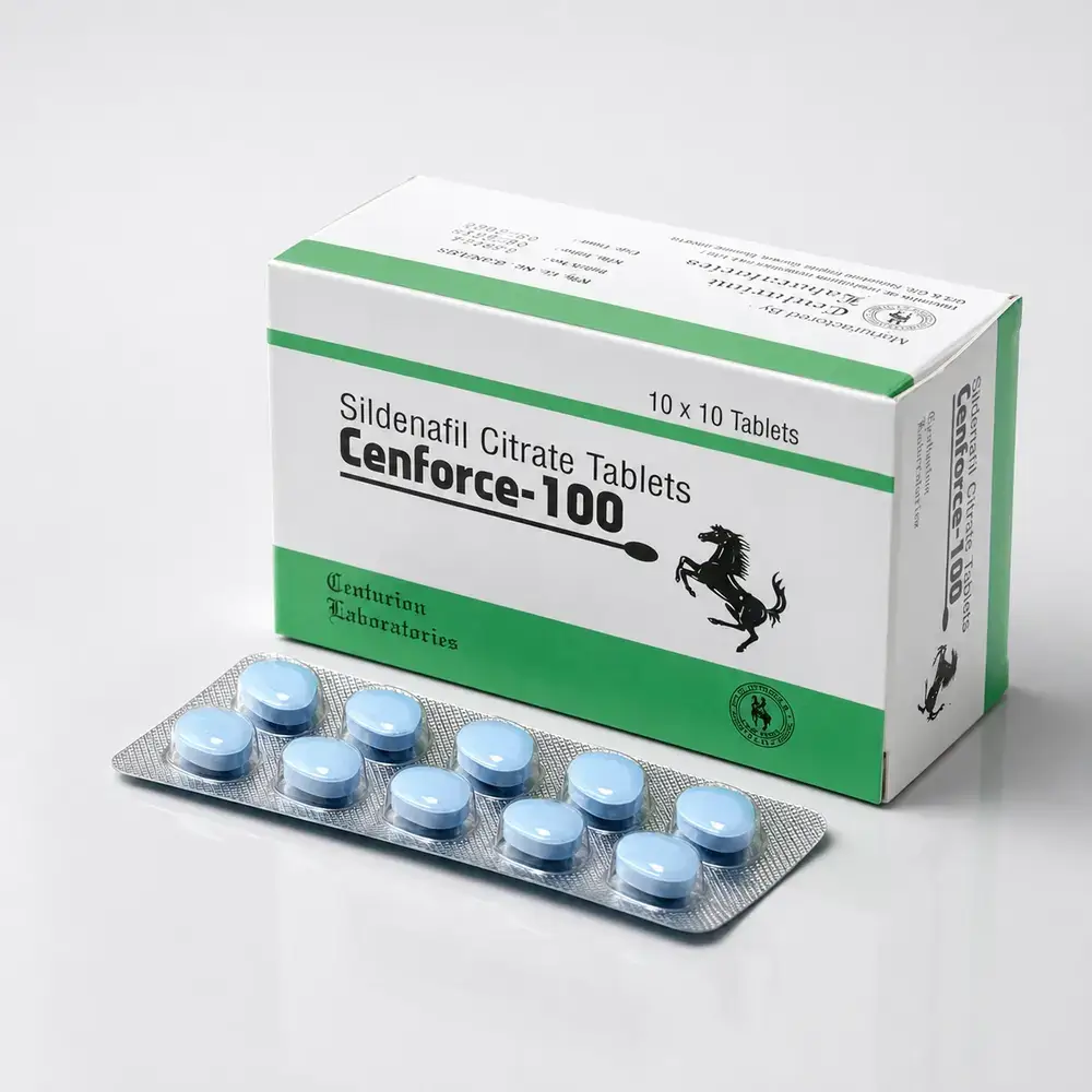 Cenforce 100 mg – opakowanie i blister z dziesięcioma niebieskimi tabletkami