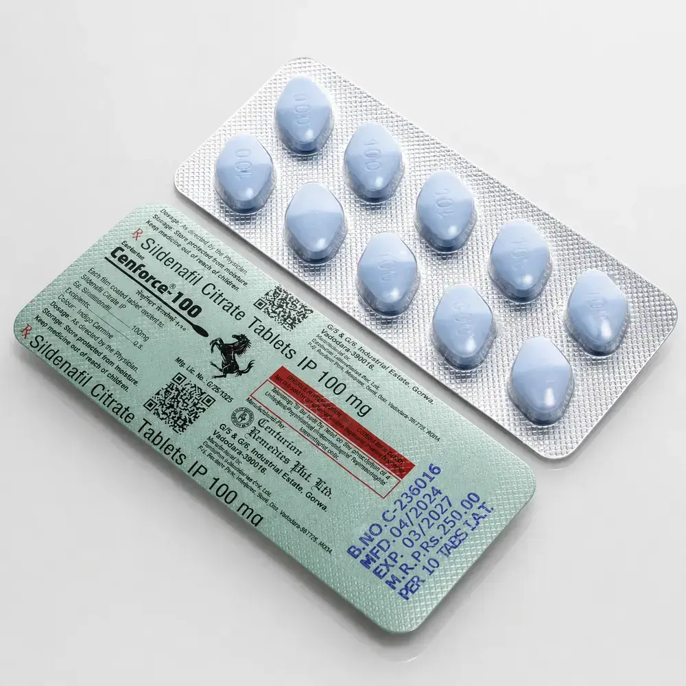 Cenforce 100 mg – przód i tył blistra z niebieskimi tabletkami