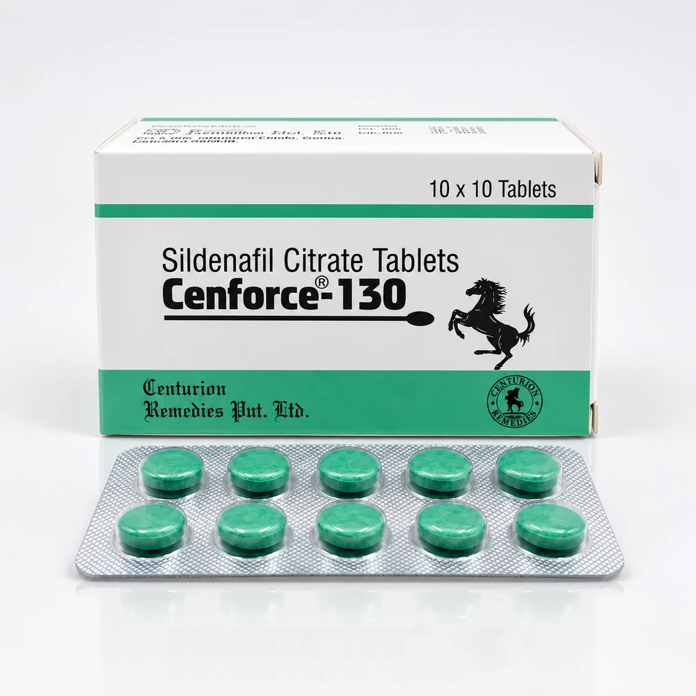 Cenforce 130 mg – opakowanie i blister z dziesięcioma zielonymi tabletkami