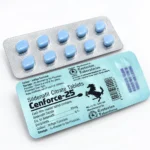 Cenforce 25 mg – przód i tył blistra z niebieskimi tabletkami