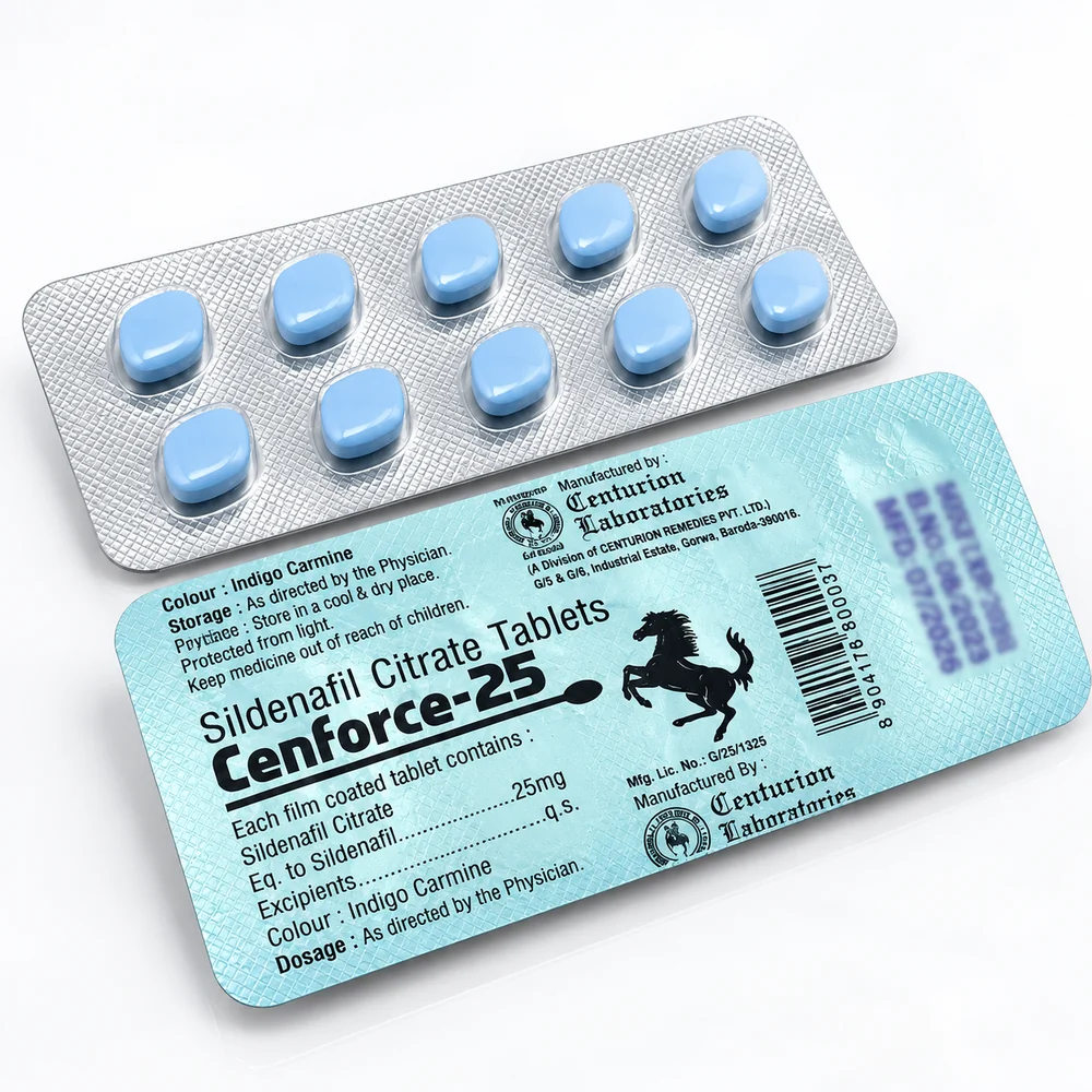 Cenforce 25 mg – przód i tył blistra z niebieskimi tabletkami