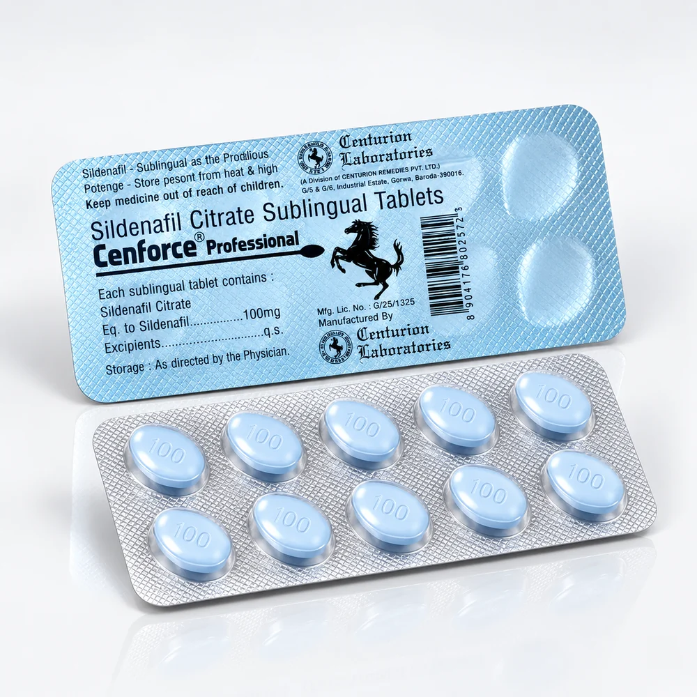 Cenforce Professional 100 mg – przód i tył blistra z jasnoniebieskimi tabletkami