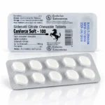 Cenforce soft 100 mg – przód i tył blistra z białymi tabletkami do żucia