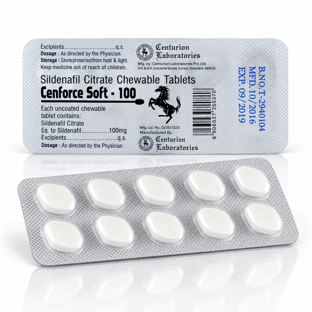 Cenforce soft 100 mg – przód i tył blistra z białymi tabletkami do żucia