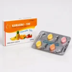 Kamagra 100 mg Chewable tabs – opakowanie i blister z czterema kolorowymi tabletkami do żucia