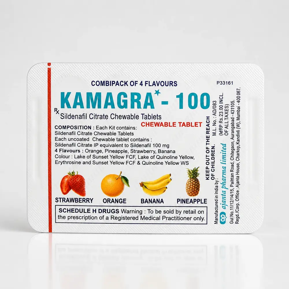 Kamagra 100 mg Chewable tabs – tył blistra z zestawieniem smaków