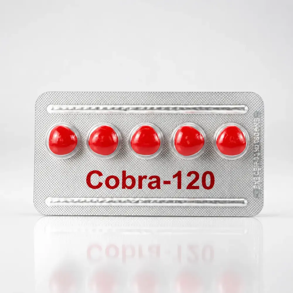 Cobra 120 mg – przód blistra z pięcioma czerwonymi tabletkami