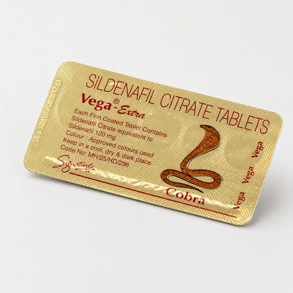 Cobra 120 mg – tył złotego blistra z nadrukiem Cobra