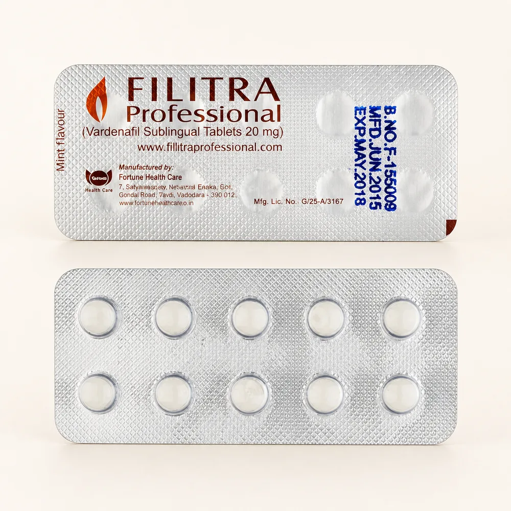 Filitra Professional 20 mg – przód i tył blistra z białymi tabletami