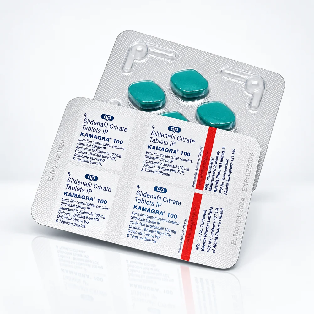Kamagra 100 mg – przód i tył blistra z zielonymi tabletkami