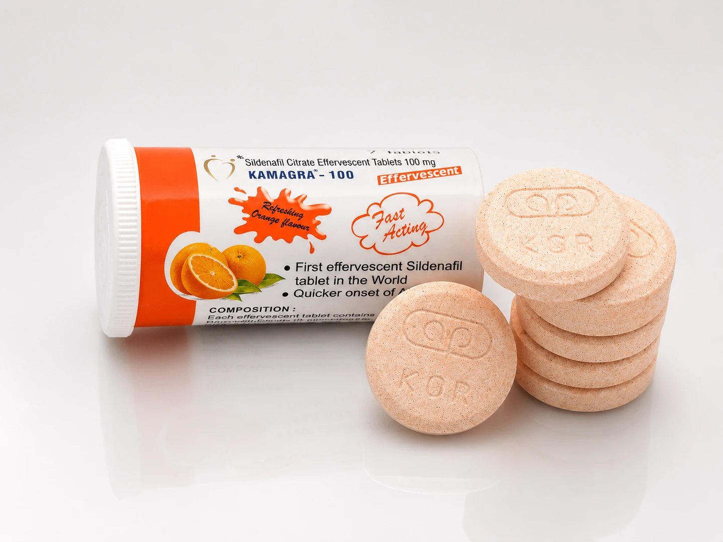 Kamagra tabletki musujące 100 mg – otwarta tuba z okrągłymi tabletkami musującymi