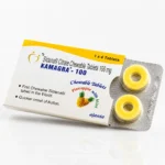 Kamagra Polo 100 mg – ananas i mięta – opakowanie i cztery tabletki do żucia o smaku ananasa i mięty