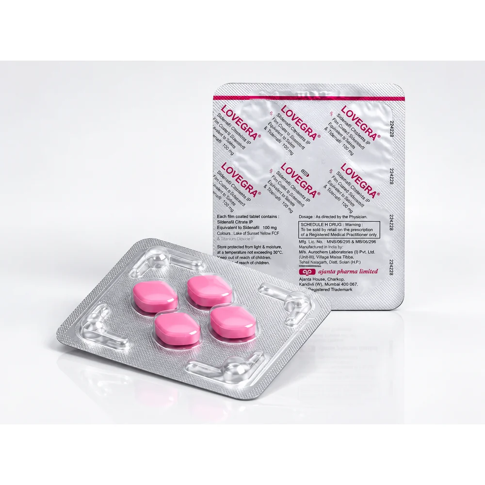 Lovegra 100 mg – przód i tył blistra z czterema różowymi tabletkami