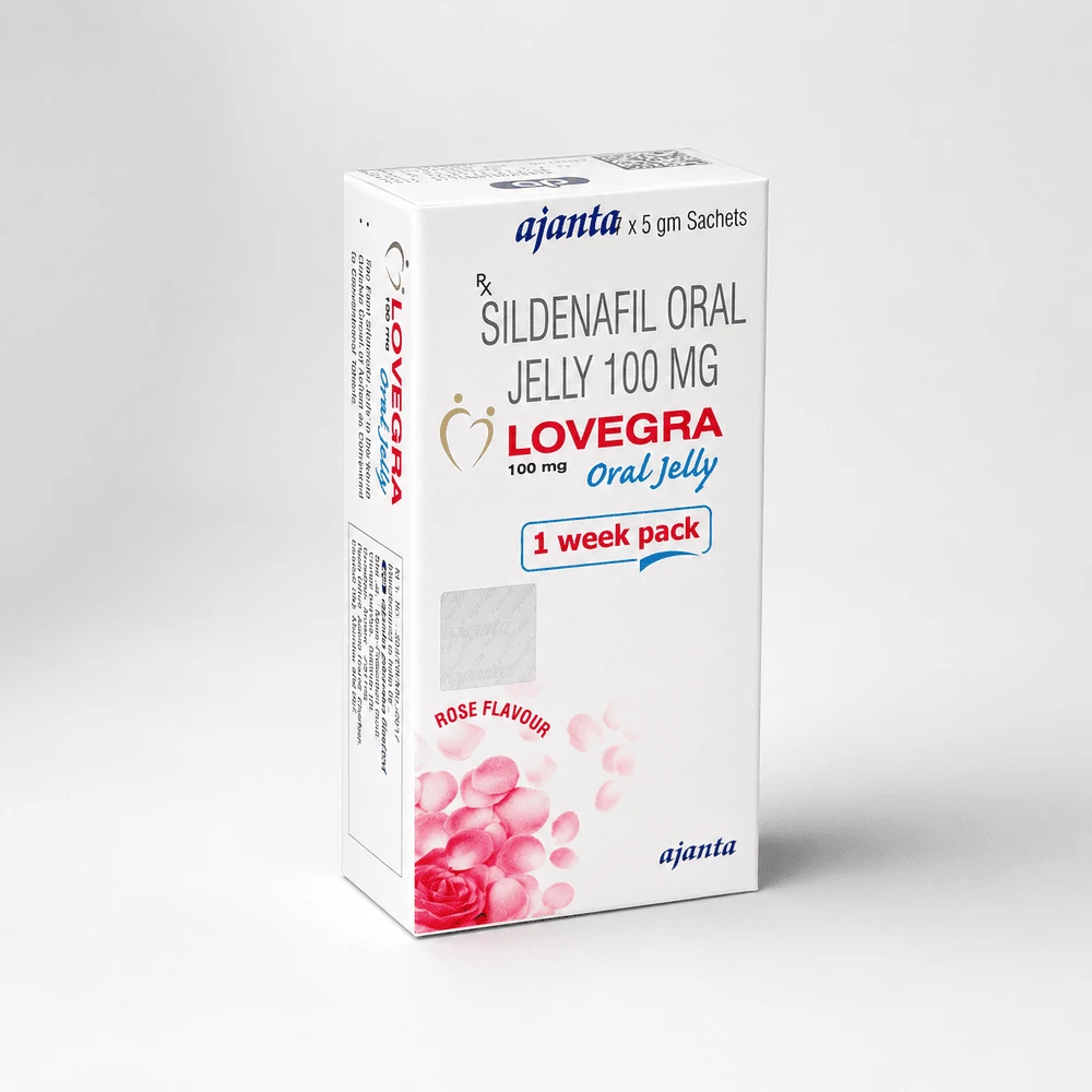 Lovegra Oral Jelly 100 mg – widok opakowania z przodu Lovegra Oral Jelly