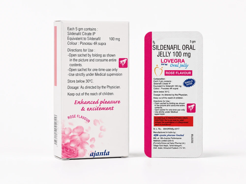 Lovegra Oral Jelly 100 mg – tył opakowania i przód saszetki z żelem