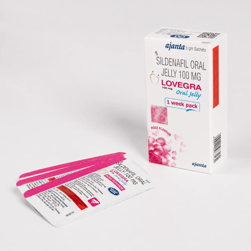 Lovegra Oral Jelly 100 mg – opakowanie i kilka pojedynczych saszetek z żelem