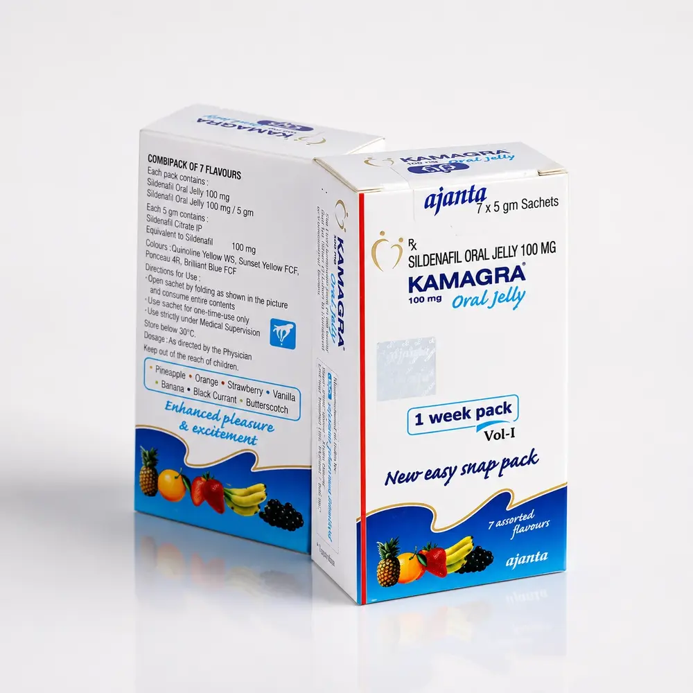 Kamagra Oral Jelly 100 mg – widok z przodu i z tyłu opakowania saszetek z żelem