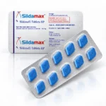 Sildamax 100 mg – opakowanie z nadrukiem i blister z dziesięcioma niebieskimi tabletkami