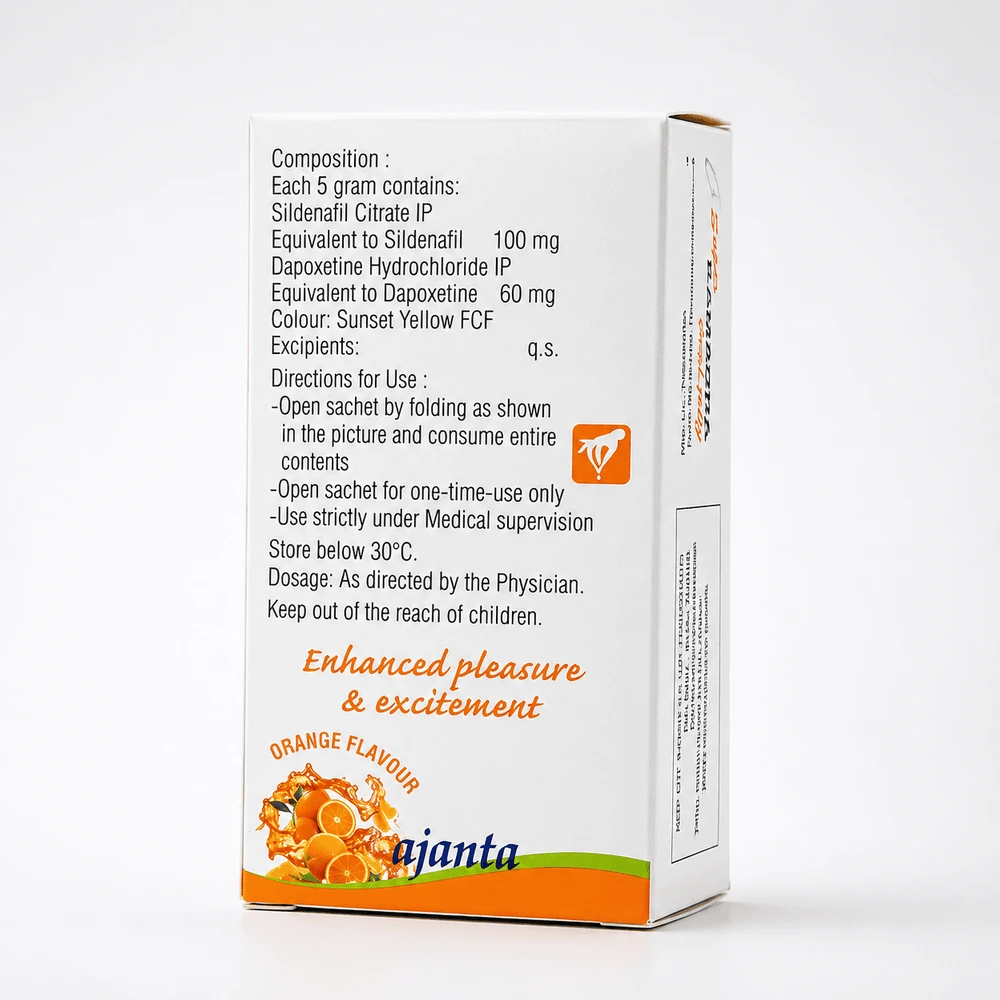 Super Kamagra Oral Jelly 160 mg – widok z tyłu i z boku opakowania saszetek z żelem