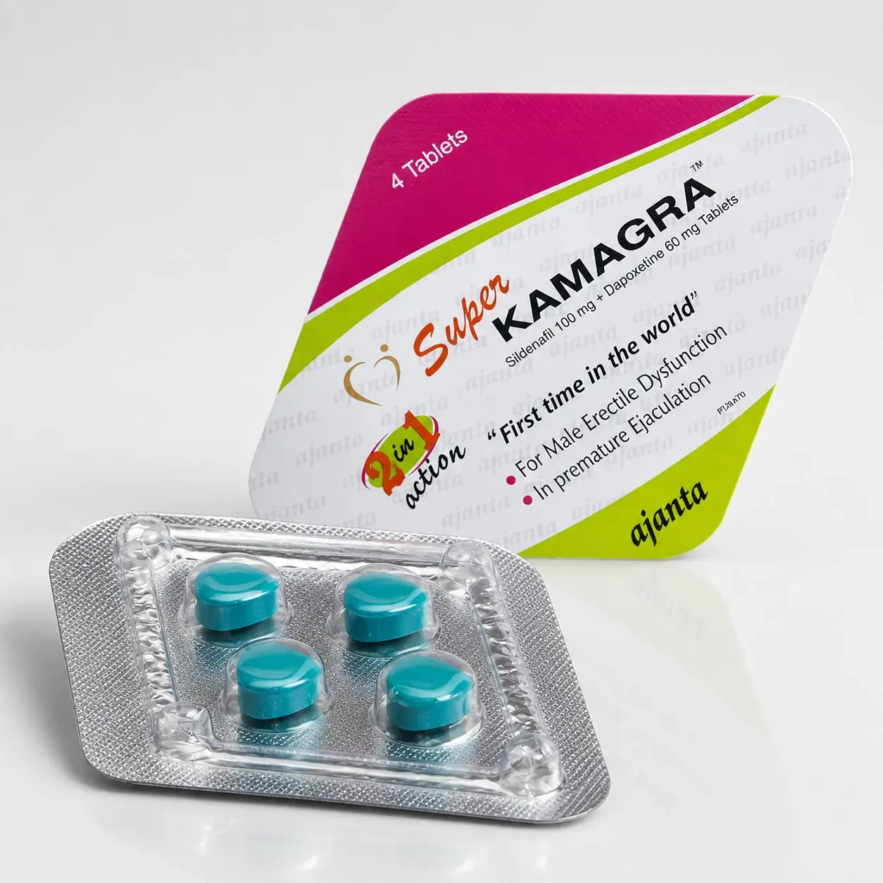 Super Kamagra 160 mg – widok blistra turkusowych tabletek z przodu i z tyłu