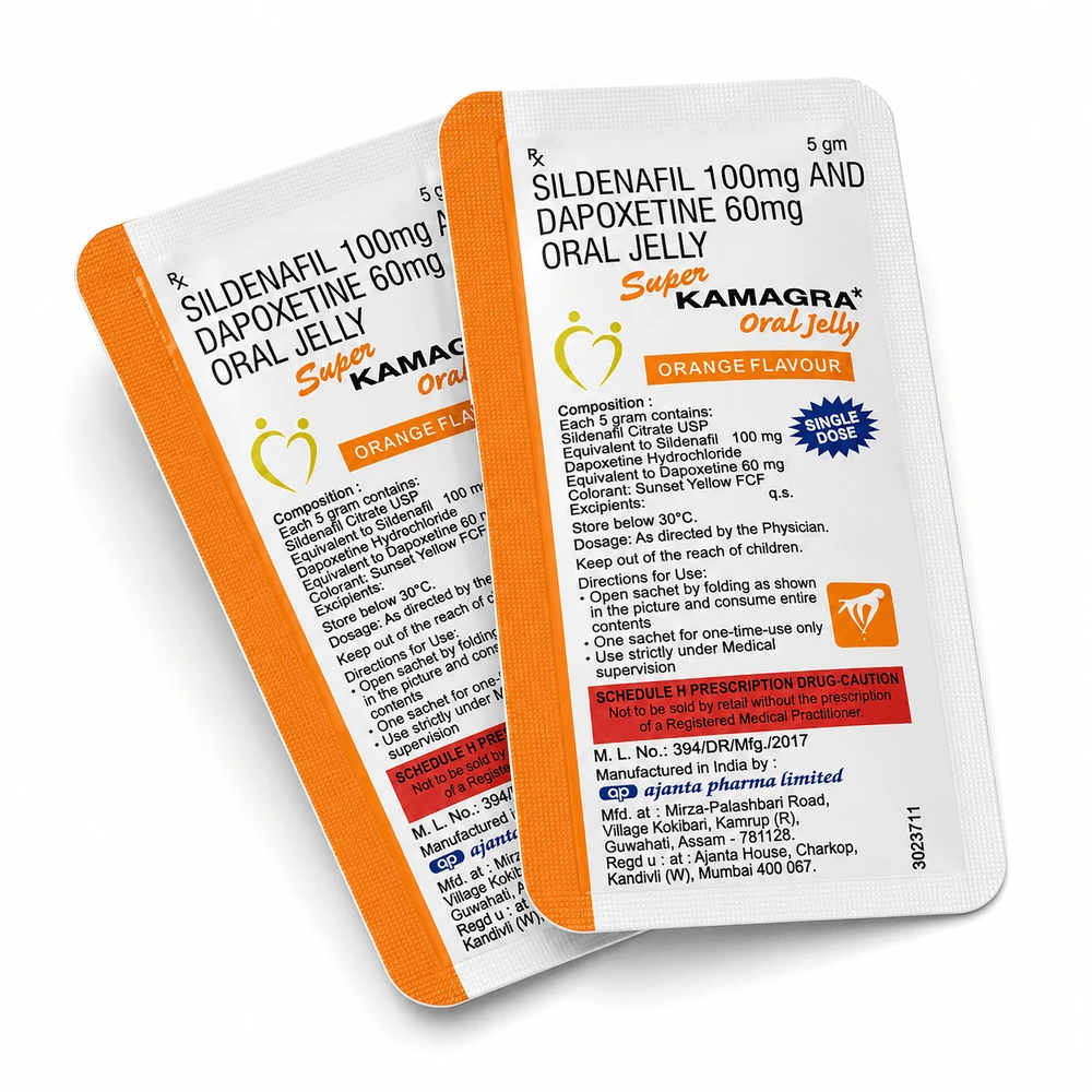 Super Kamagra Oral Jelly 160 mg – tył dwóch saszetek z żelem