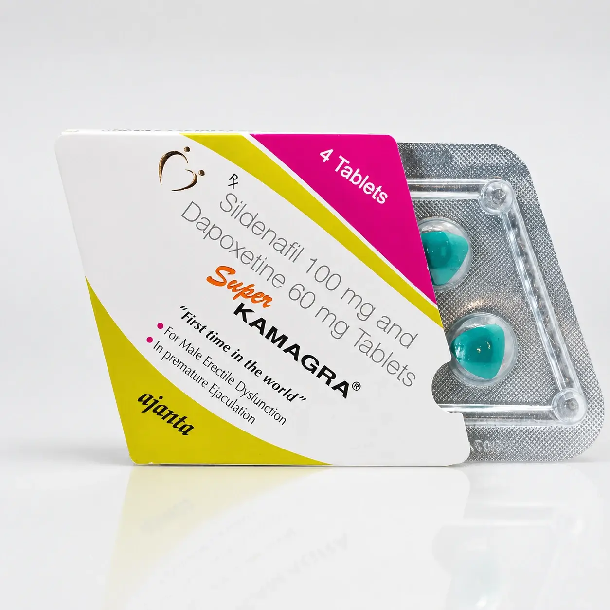 Super Kamagra 160 mg – opakowanie i blister z czterema turkusowymi tabletkami