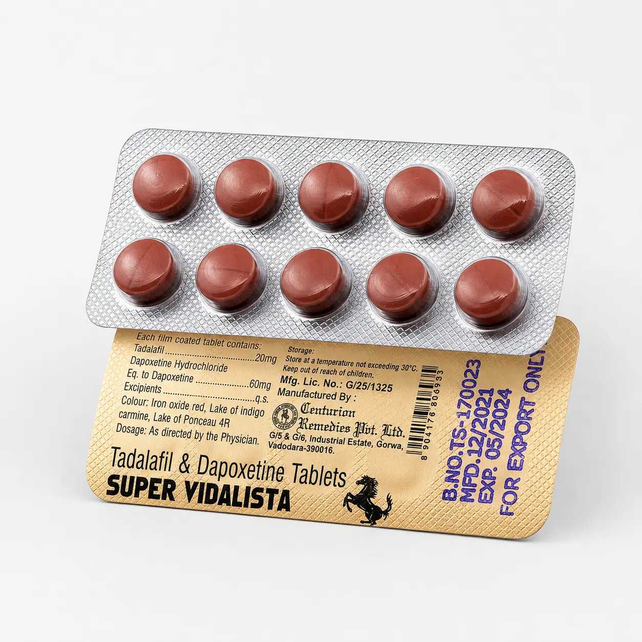 Super Vidalista 80 mg – przód i tył blistra z różowymi tabletkami