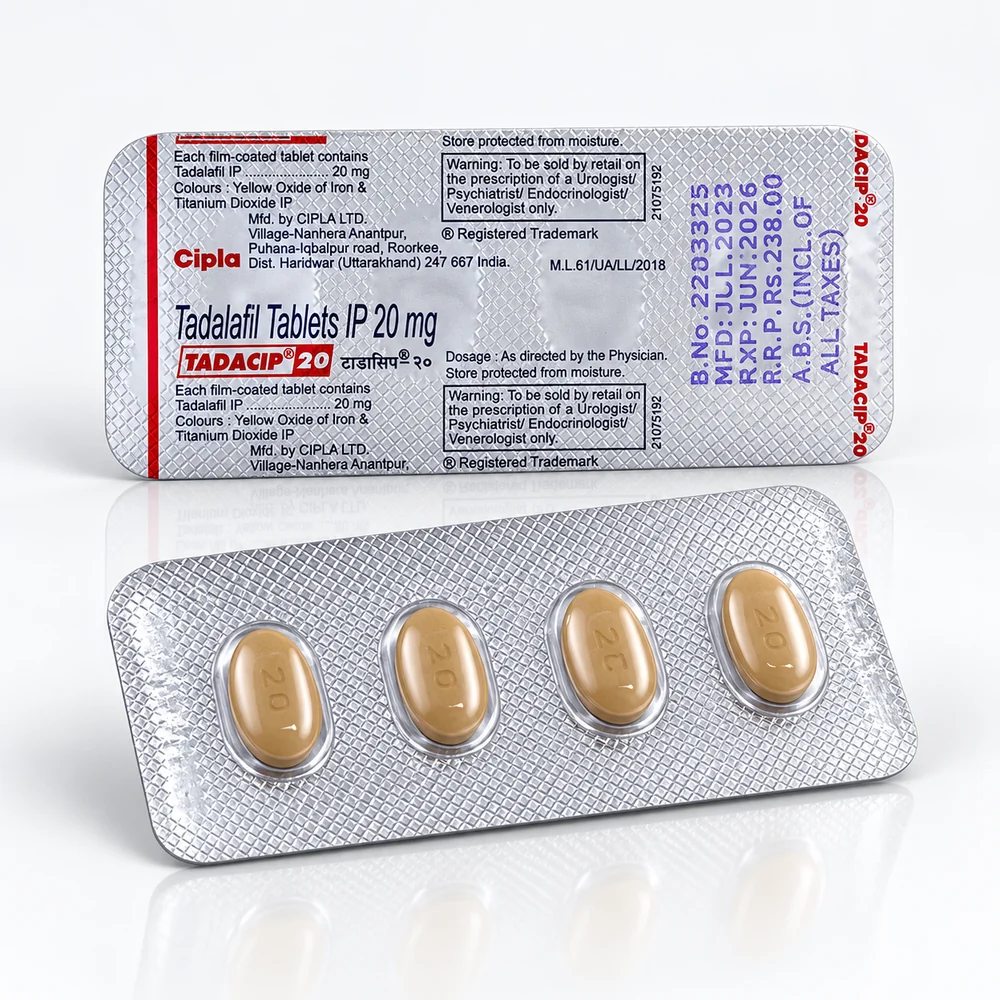 Tadacip 20 mg – przód i tył blistra z czterema beżowymi tabletami