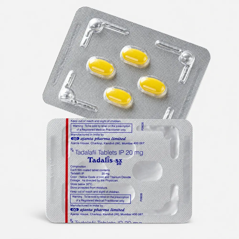 Tadalis sx- 20 mg – przód i tył blistrów z żółtymi tabletkami