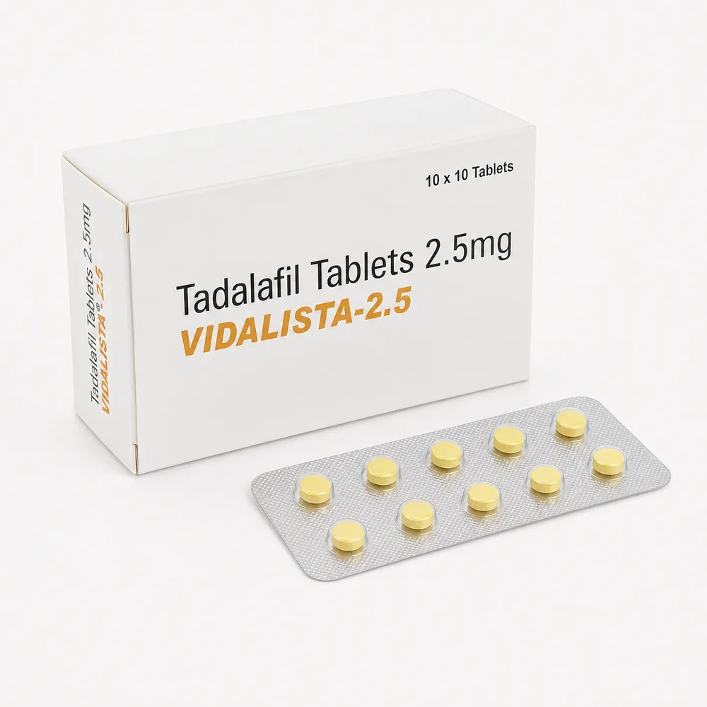 Vidalista 2.5 mg – opakowanie i blister żółtych tabletek z boku