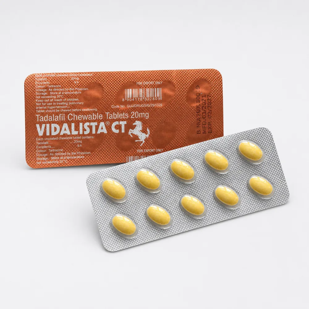 Vidalista CT 20 mg – przód i tył blistra tabletek do żucia