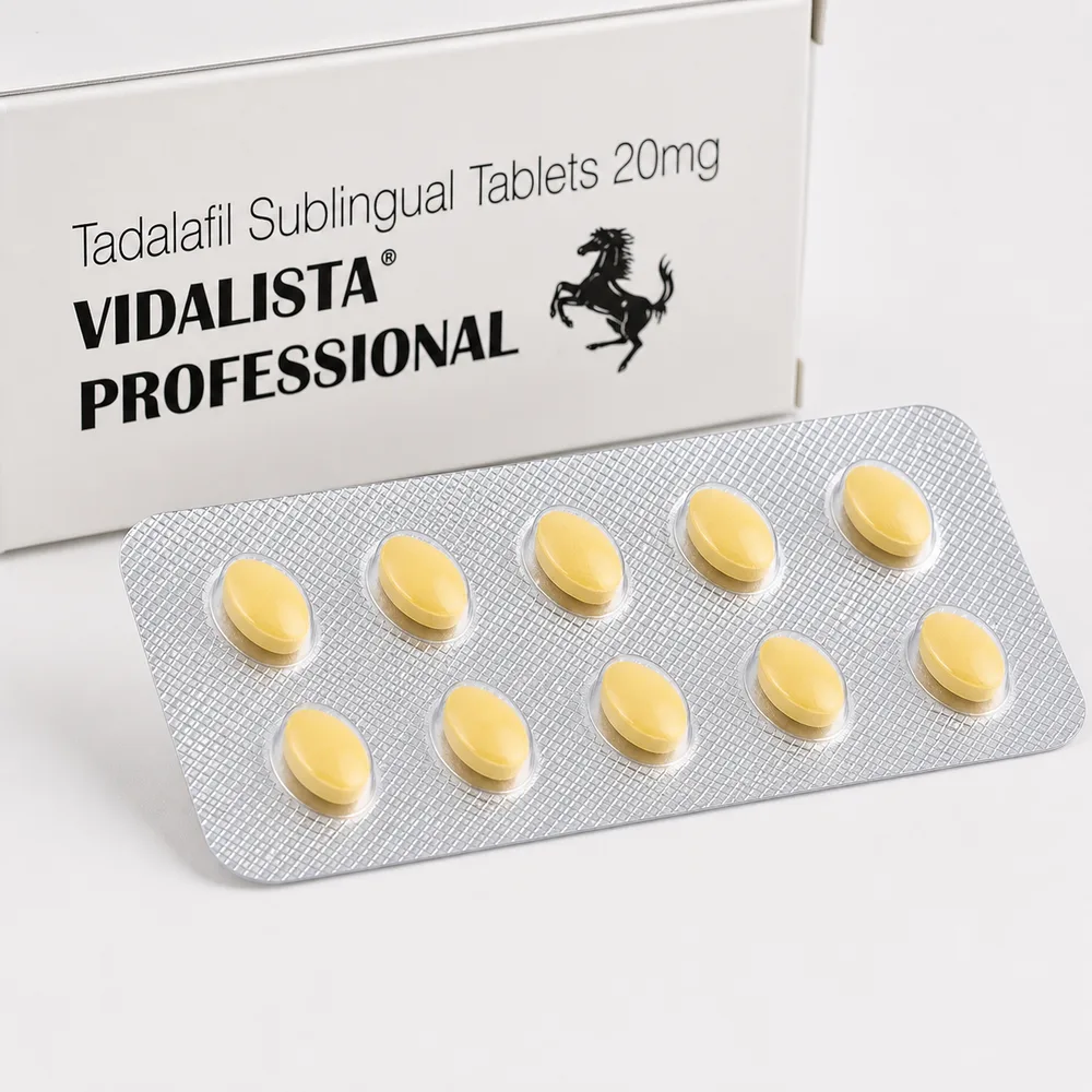 Vidalista Professional 20 mg – zbliżenie blistra z dziesięcioma żółtymi tabletkami podjęzykowymi