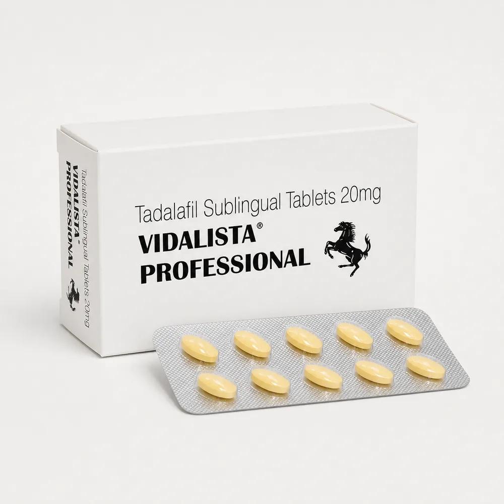 Vidalista Professional 20 mg – opakowanie i blister z dziesięcioma podjęzykowymi tabletami