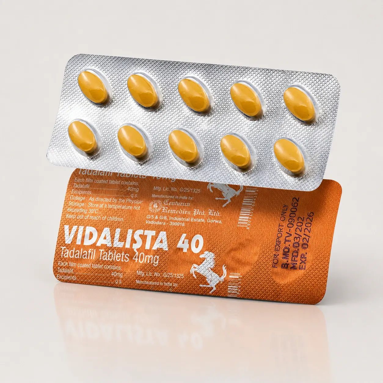 Vidalista 40 mg – przód i tył blistrów z żółtymi tabletkami