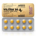 Vilitra 20 mg – blister z nadrukiem i dziesięć żółtych tabletek w zbliżeniu