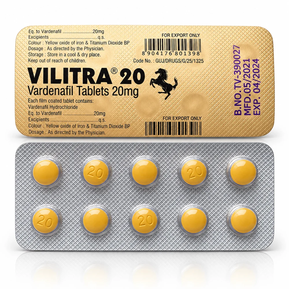 Vilitra 20 mg – blister z nadrukiem i dziesięć żółtych tabletek w zbliżeniu